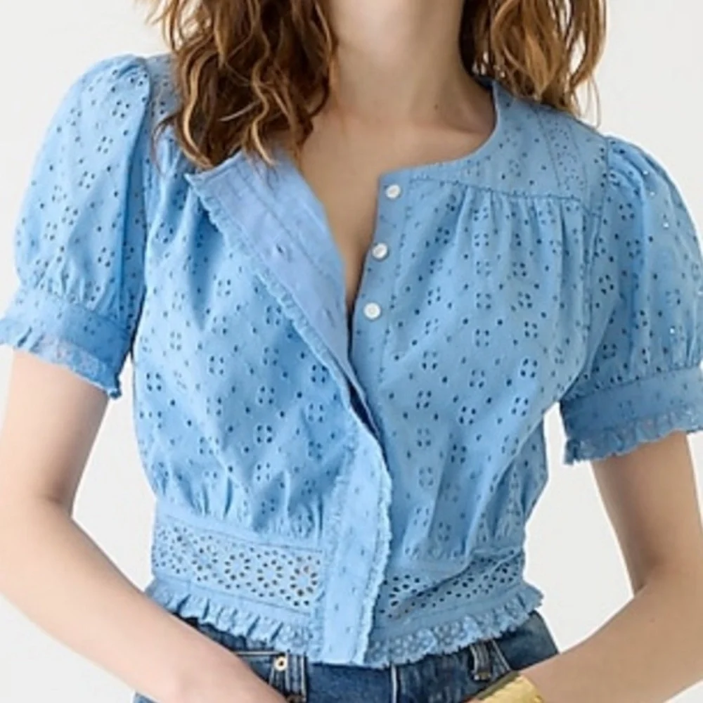 J. Crew Button Front Cropped Eyelet Top Blouse Hydrangea Blue size Medium - Picture 1 of 15